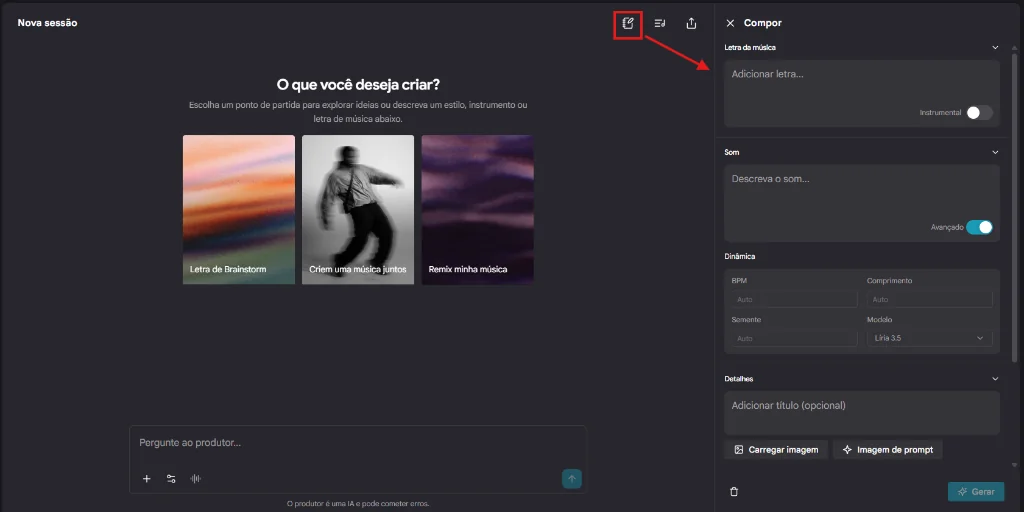 Painel do Modo Compositor no Flow Music com campos separados de Letra da música, Som e Dinâmica técnica com Lyria 3.5