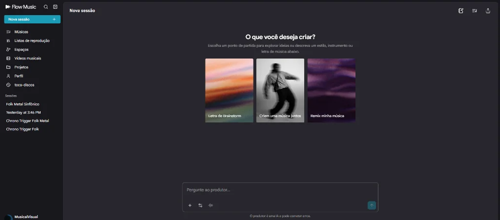 Tela inicial do Flow Music com barra de prompt rápido e atalhos de criação
