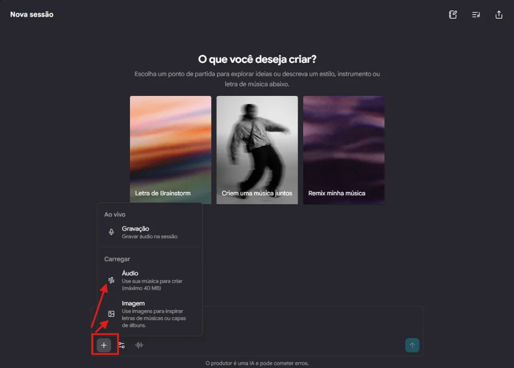 Menu suspenso do Flow Music com opções de gravação ao vivo, upload de áudio de até 40MB e upload de imagem