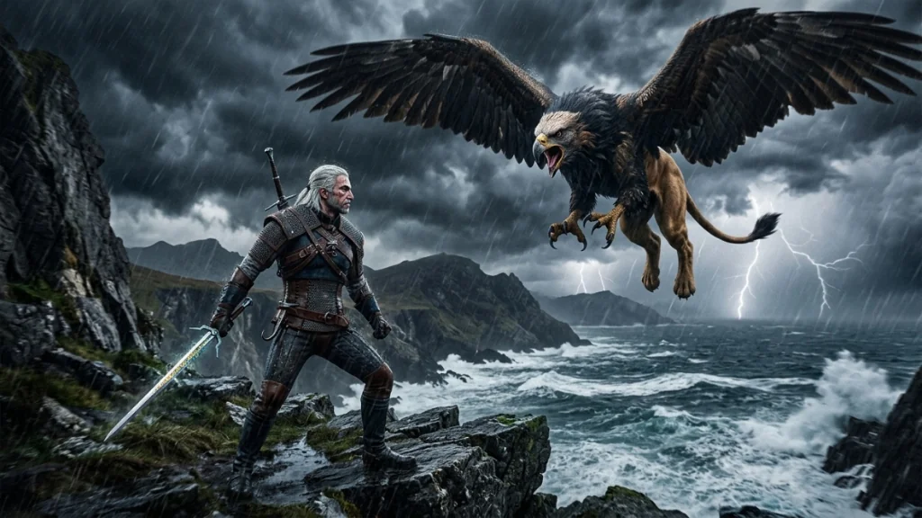 Geralt de Rívia empunhando espada prateada diante de um grifo em penhasco tempestuoso com relâmpagos em Skellige